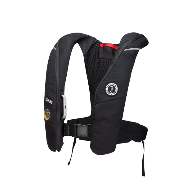 Le gilet de sauvetage ELITE 190 est un gilet de sauvetage gonflable noir doté de sangles réglables, d'une boucle à l'avant, d'éléments réfléchissants et d'un logo rond sur la poitrine, à droite. Il est conçu pour être porté autour du cou et des épaules.