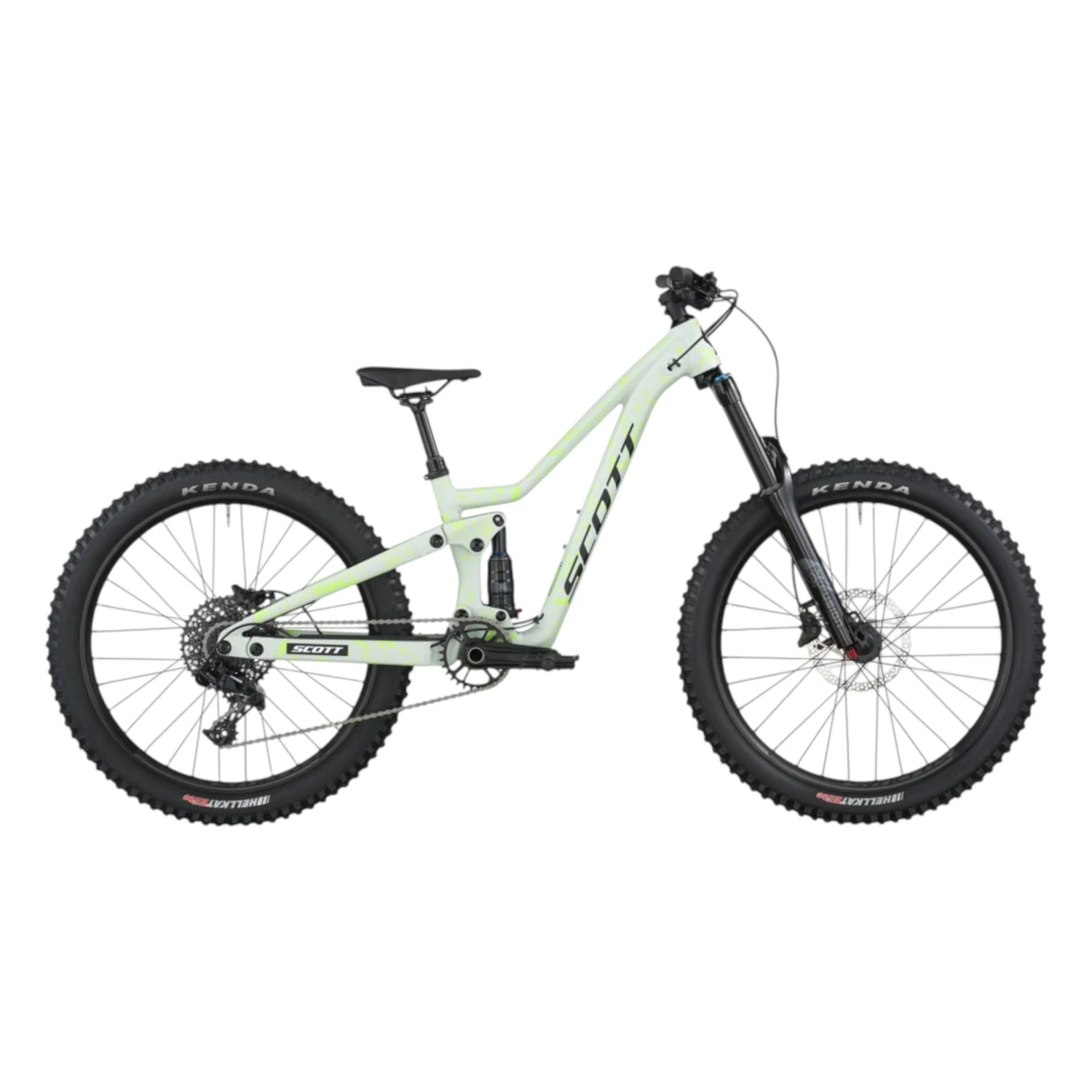Le VTT SCOTT Ransom 400 Junior, représenté en vert clair avec des pneus noirs épais, une suspension complète, des freins à disque et des amortisseurs avant et arrière, arbore le logo SCOTT sur son cadre et est présenté de côté sur un fond blanc.