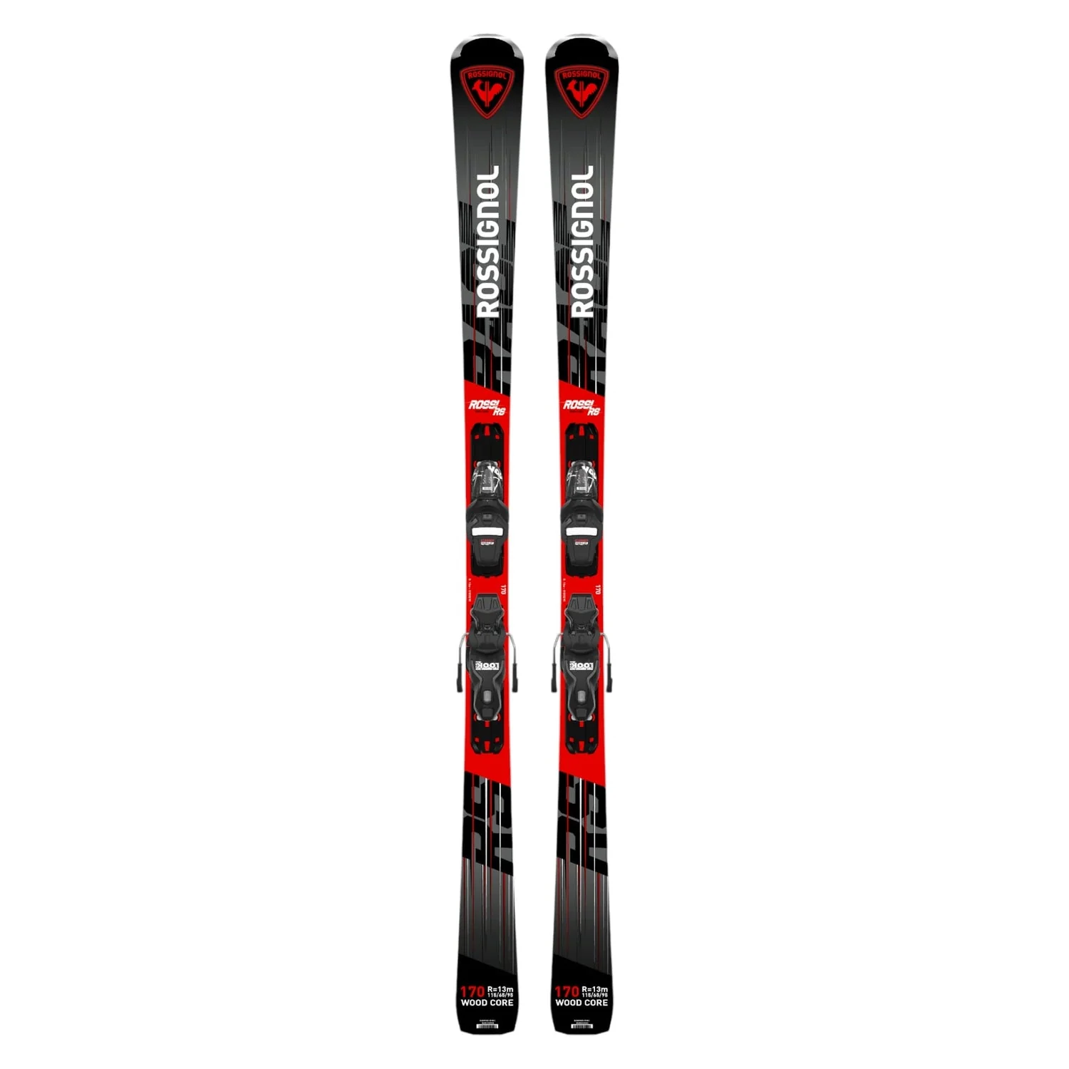 Une paire de skis ROSSI RS XP10 en noir et rouge avec les fixations attachées, présentés côte à côte sur un fond blanc.