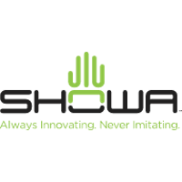 Logo SHOWA avec trois barres verticales vertes au-dessus du « O » de SHOWA et le slogan « Always Innovating. Never Imitating. » écrit en dessous en texte vert.