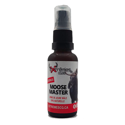 Un petit flacon pulvérisateur étiqueté "MOOSE MASTER JEUNE MÂLE 100% PURE" avec une image d'orignal et le logo d'Extremes CG. L'étiquette indique qu'il s'agit d'urine d'orignal mâle 100 % naturelle et mentionne le site Web extremescc.ca.