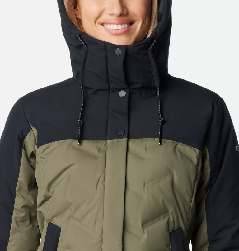 Personne souriante portant une veste d'hiver bicolore noire et vert olive avec capuche. La veste a des détails de boutons et de fermeture éclair.