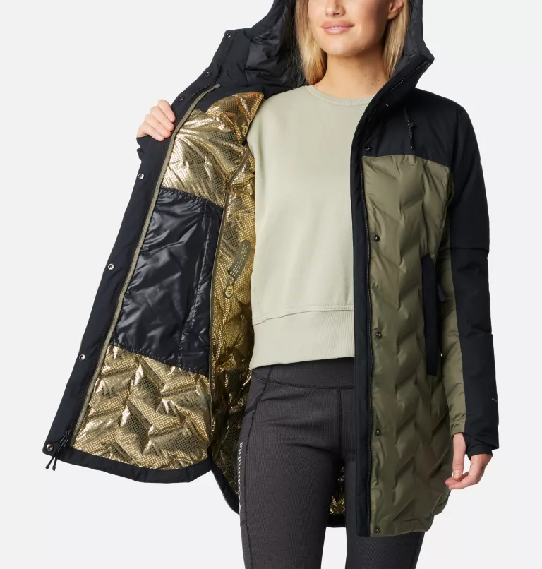 Une personne porte une longue veste d'hiver bicolore dont le devant est ouvert. L'intérieur du manteau est doré avec un motif géométrique. L'extérieur est noir et vert olive. La personne porte un pull vert clair et un pantalon foncé, partiellement visible.