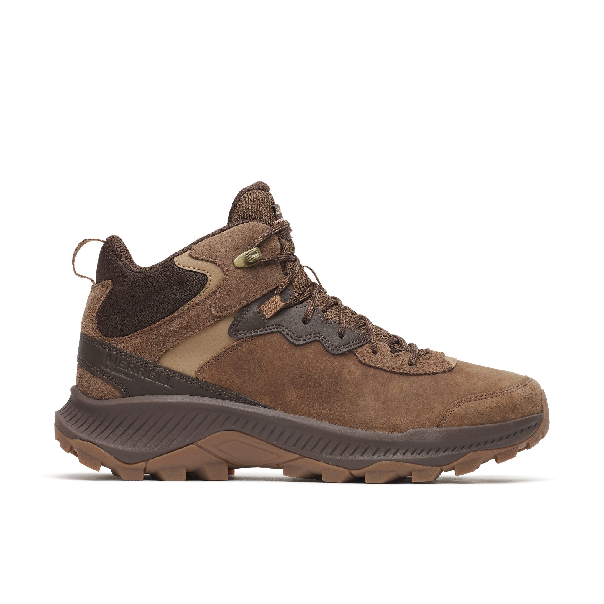 La SPEED STRIKE 2 LTR MID WP est une chaussure de randonnée marron dotée d'une semelle à crampons robuste, de détails marron foncé et d'un col rembourré au niveau de la cheville, présentée de profil sur un fond blanc uni.