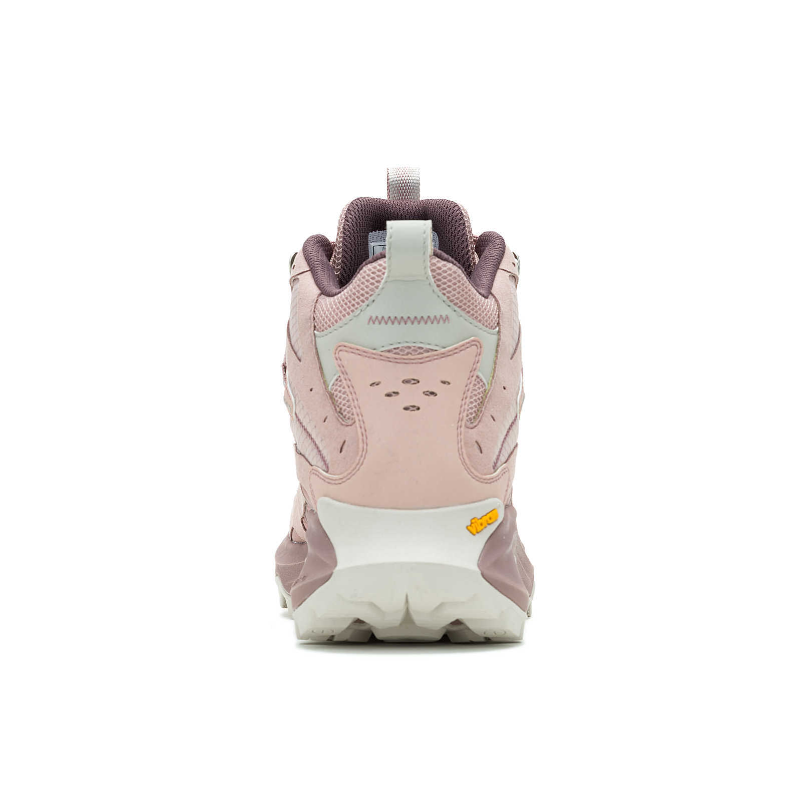 Vue arrière d'une chaussure de trail running rose et beige avec une semelle blanche et gris clair, comportant un logo Vibram jaune près du talon et une languette à l'arrière.