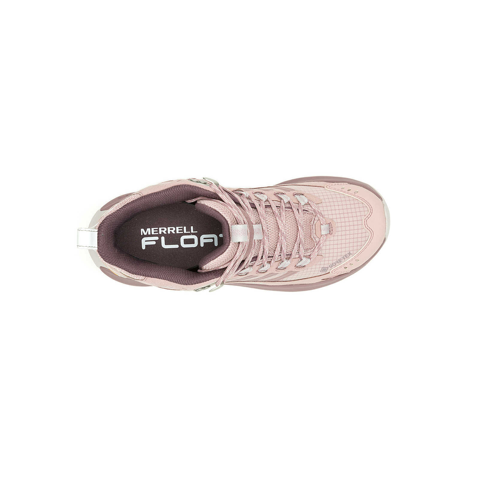 Vue de dessus d'une chaussure de randonnée Merrell rose clair avec des accents blancs, de la maille et du matériau synthétique, et le texte « MERRELL FLOAT » visible sur la semelle intérieure.