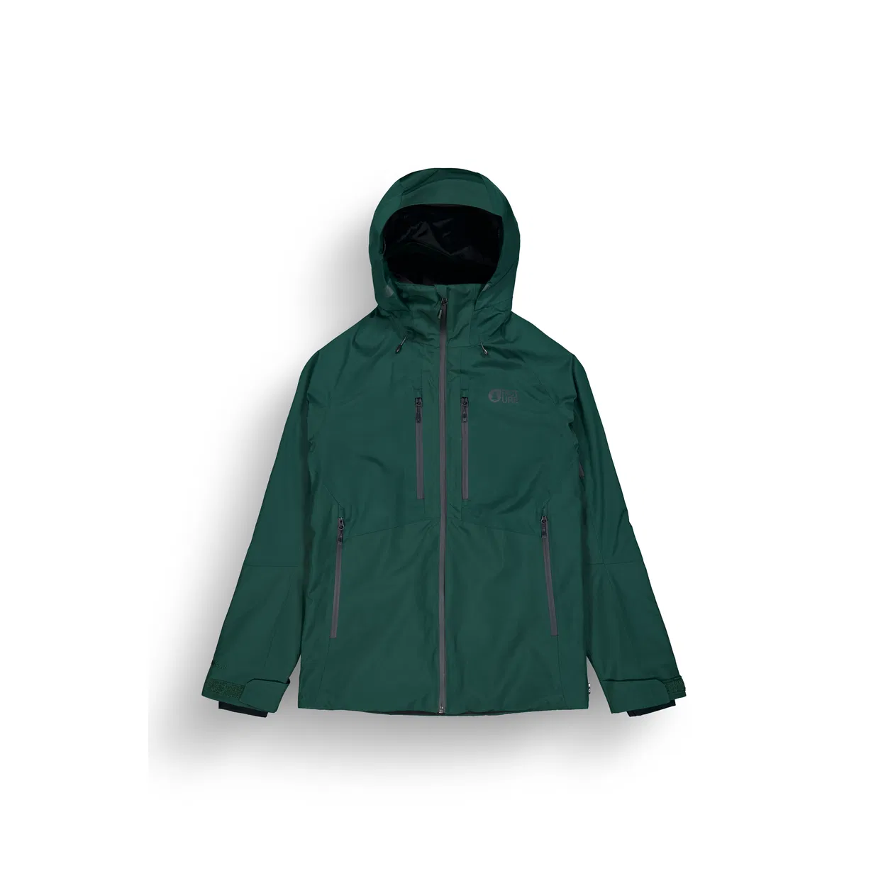 Veste à capuche verte avec fermeture éclair sur le devant et plusieurs poches, posée à plat sur un fond blanc. La veste a un design épuré et minimaliste, adapté aux activités de plein air.