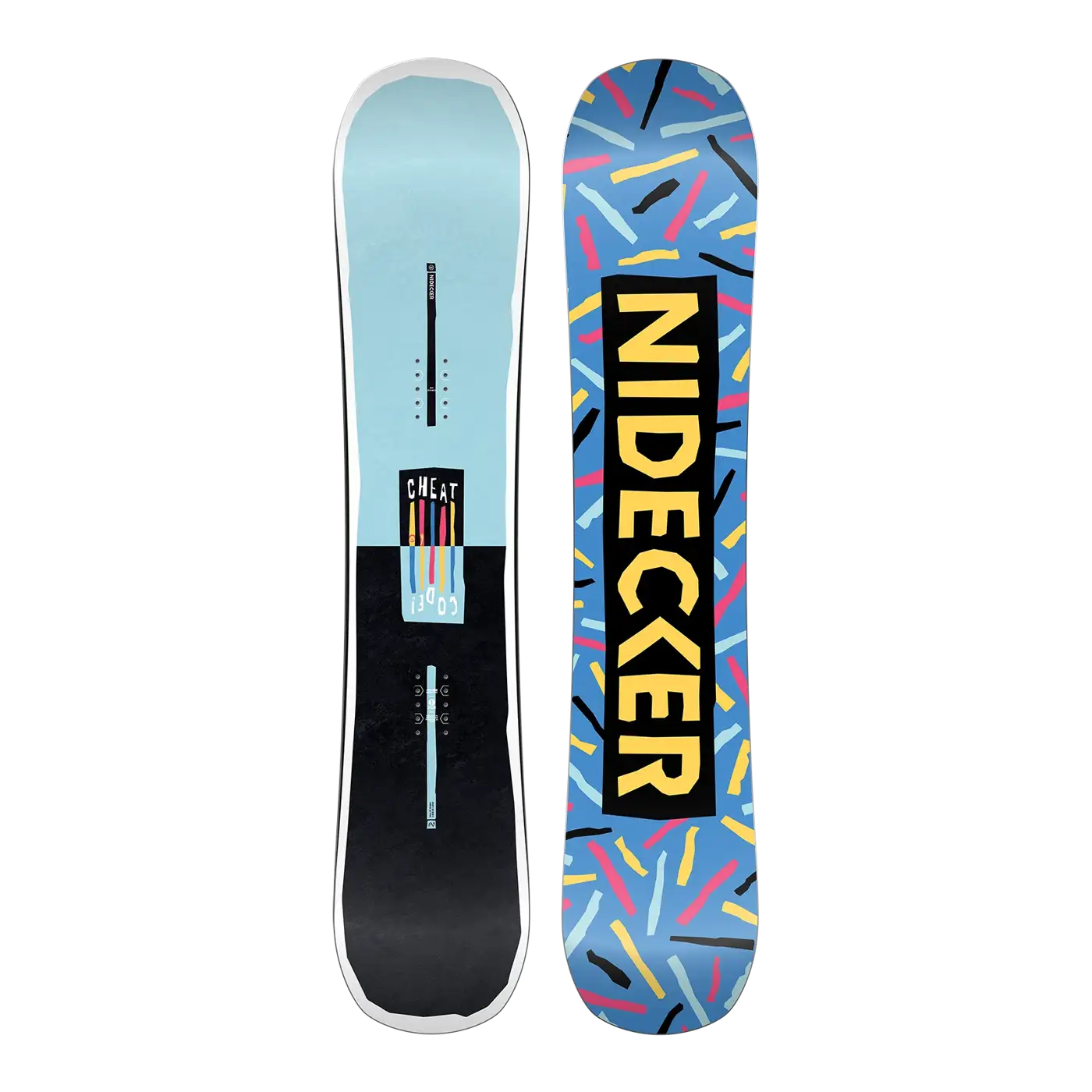 Deux snowboards présentés : l'un avec un motif bleu clair et noir portant la mention "CHEAT CODE YOUTH", et l'autre avec un motif abstrait coloré et un grand texte jaune portant la mention "NIDECKER" en travers de la planche.
