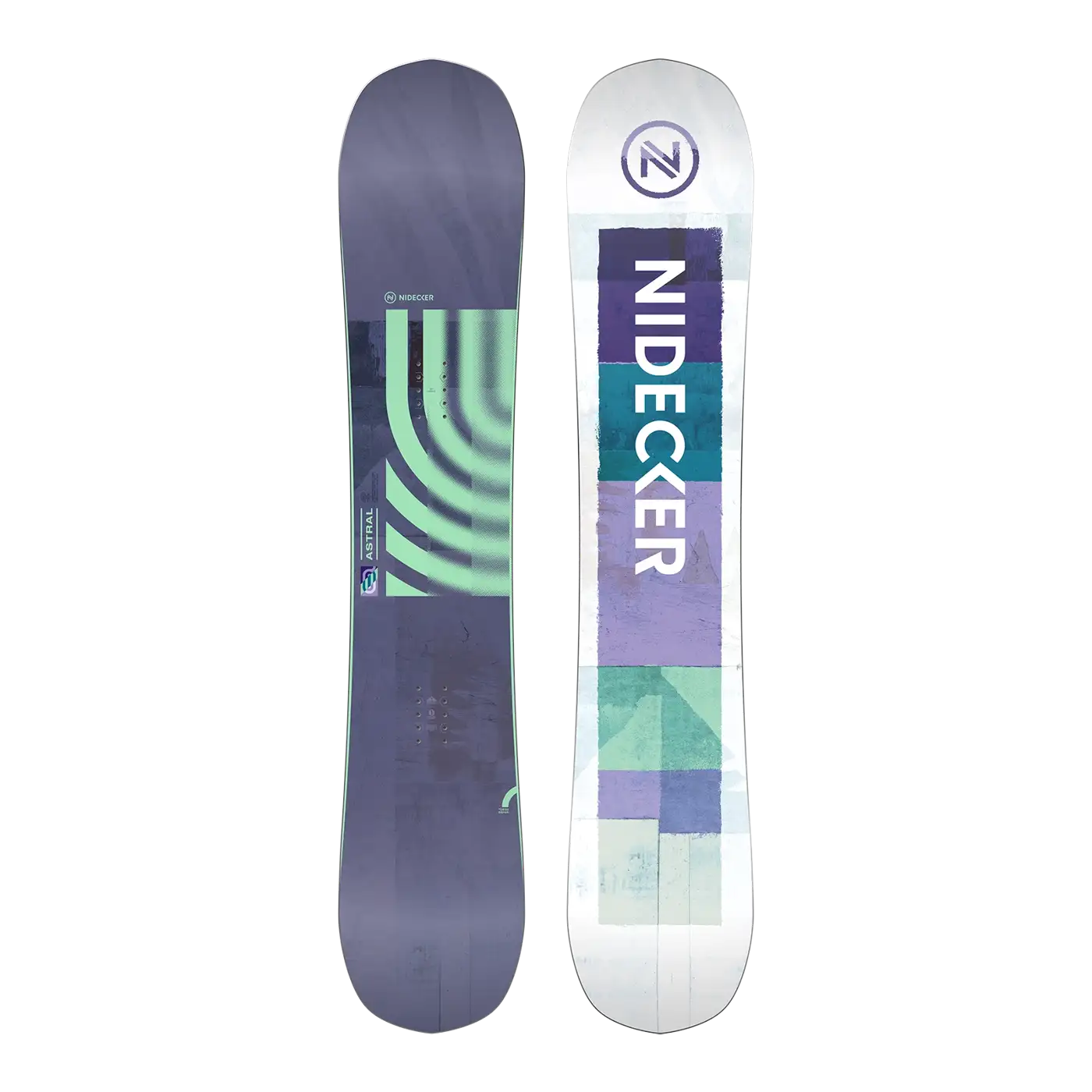 Deux snowboards ASTRAL de Nidecker sont présentés côte à côte : celui de gauche présente un plateau grisâtre avec des lignes courbes vertes, tandis que celui de droite révèle la base avec des motifs géométriques audacieux et le logo NIDECKER.