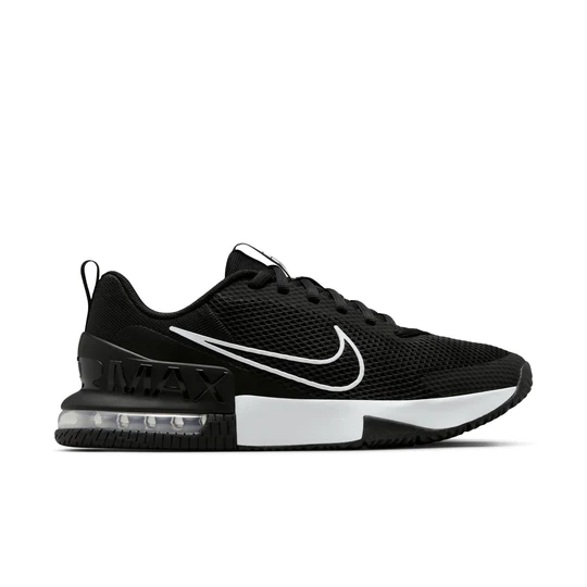 Chaussure de sport Nike Air Max noire avec un logo swoosh blanc, des accents blancs sur la semelle et un coussin d'air visible dans le talon, sur un fond blanc uni.