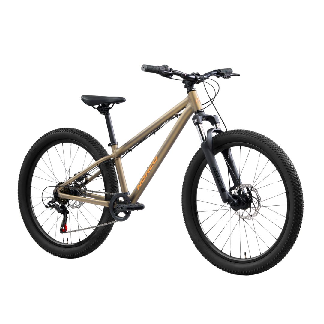Un vélo de montagne beige avec guidon, selle et pneus noirs, doté d'une fourche à suspension avant, de freins à disque et d'un cadre incliné, représenté sur un fond blanc.