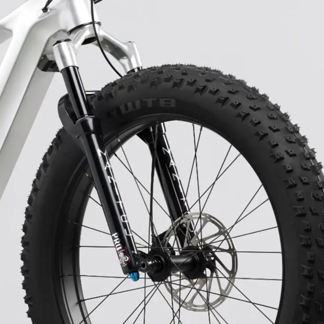 Gros plan sur la roue avant d'un vélo avec un pneu épais et à crampons adapté aux terrains tout-terrain. Il est doté d'une fourche à suspension noire et d'un frein à disque, mettant en valeur les composants conçus pour le cyclisme robuste. Le cadre du vélo est partiellement visible.