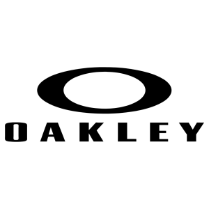 L'image présente le logo Oakley, composé d'une lettre stylisée « O » enfermée dans une forme ovale au centre, avec le mot « OAKLEY » écrit en lettres majuscules et en gras en dessous. Le motif est placé sur un fond blanc.