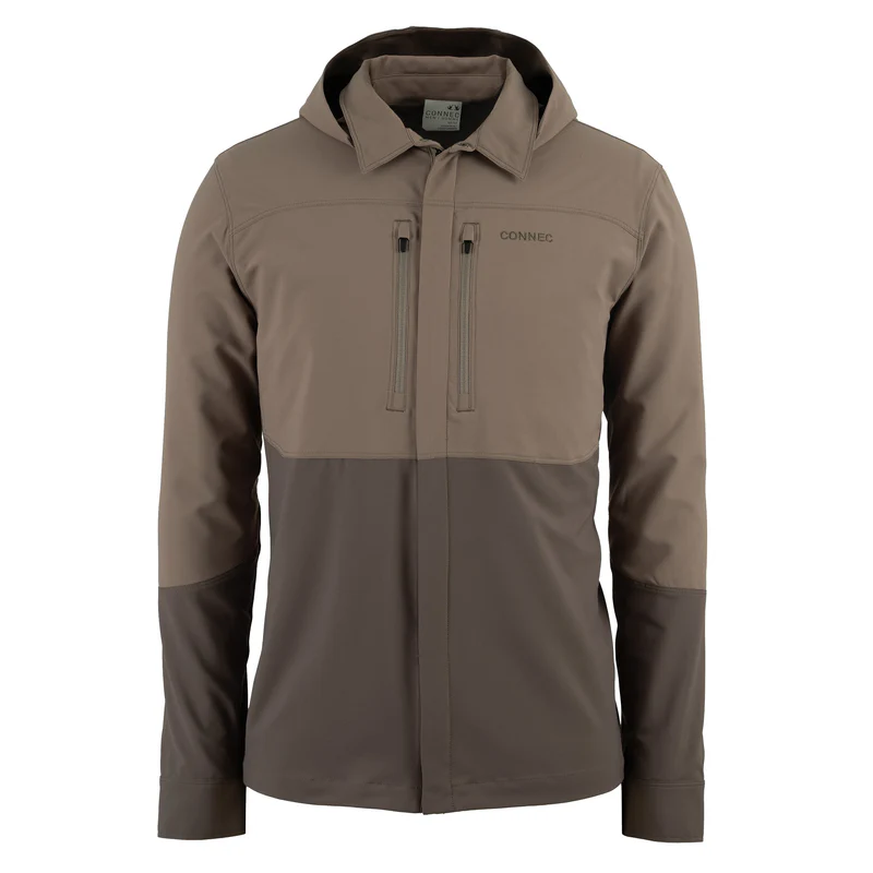 Veste pour homme bicolore dans les tons marron et taupe, dotée d'une capuche, de manches longues, d'une fermeture éclair intégrale et de deux poches verticales zippées sur la poitrine. Le nom de la marque "CONNEC" est visible sur la poitrine.