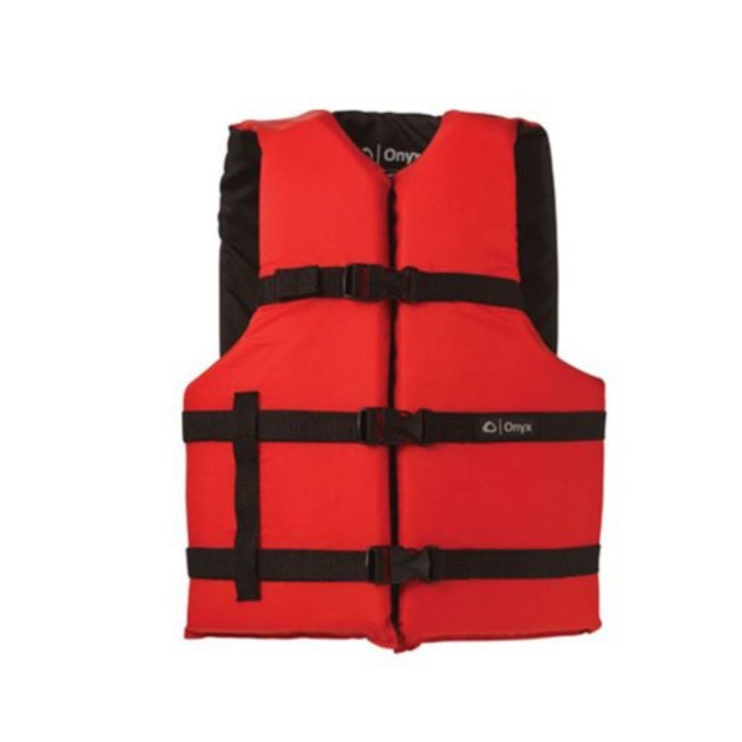 Gilet de sauvetage rouge avec sangles et boucles réglables noires, présenté sur fond blanc. Le dos du gilet est noir et le logo Onyx est visible sur le devant.