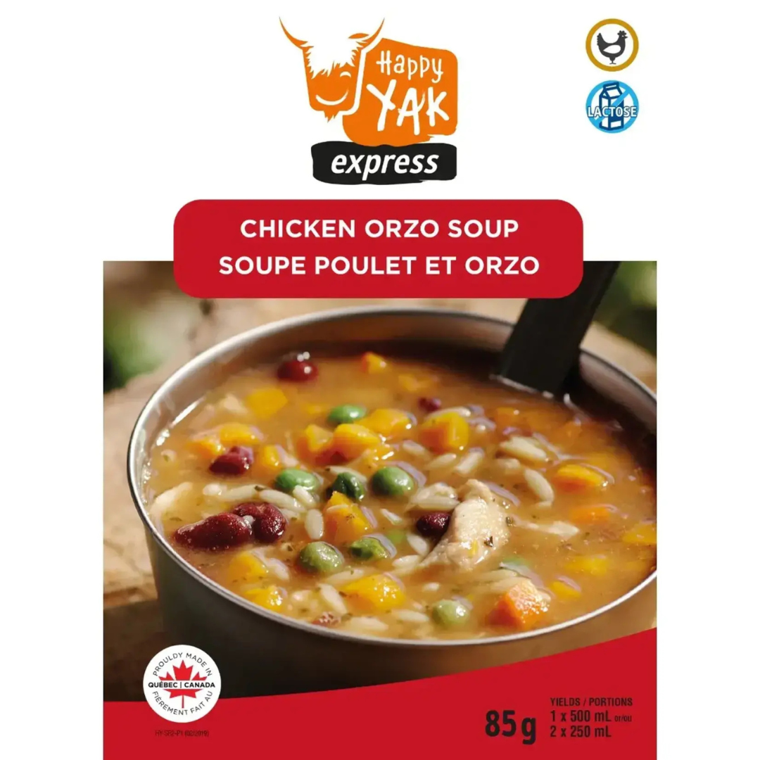 Paquet de POTAGE POULET À L'ORZO, composé d'une soupe avec des pâtes orzo, des pois, du maïs, des haricots et du poulet. Les étiquettes indiquent qu'il est sans lactose et qu'il est servi pour deux personnes.