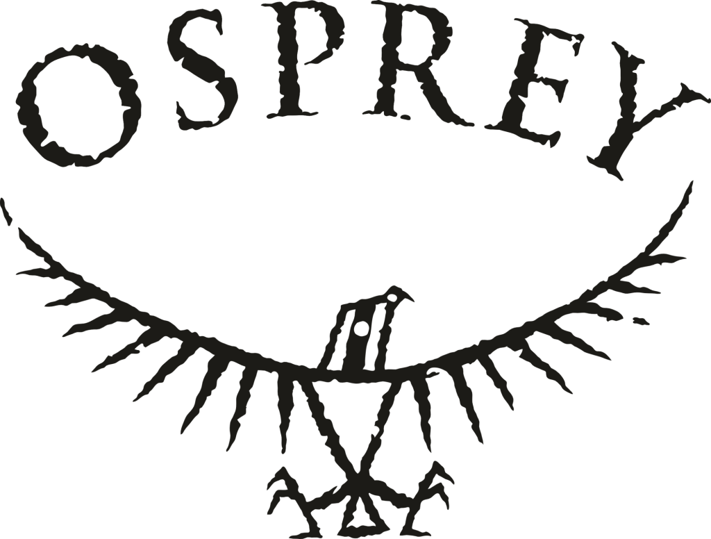 Logo noir du balbuzard pêcheur représentant un oiseau stylisé aux ailes déployées formant un demi-cercle, et le mot "OSPREY" en lettres majuscules grasses et texturées au-dessus de l'oiseau.