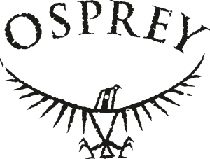 Logo noir du balbuzard pêcheur représentant un oiseau stylisé aux ailes déployées formant un demi-cercle, et le mot "OSPREY" en lettres majuscules grasses et texturées au-dessus de l'oiseau.