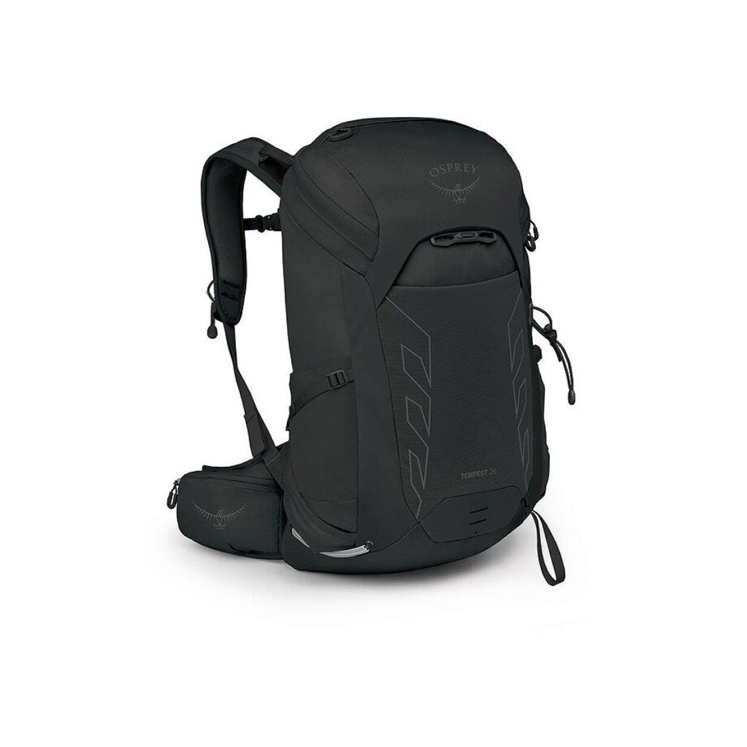 Un sac à dos de randonnée Osprey TEMPEST 26 noir avec des bretelles rembourrées, une ceinture de hanches et de multiples compartiments à fermeture éclair, au design épuré, présenté sur un fond blanc uni.