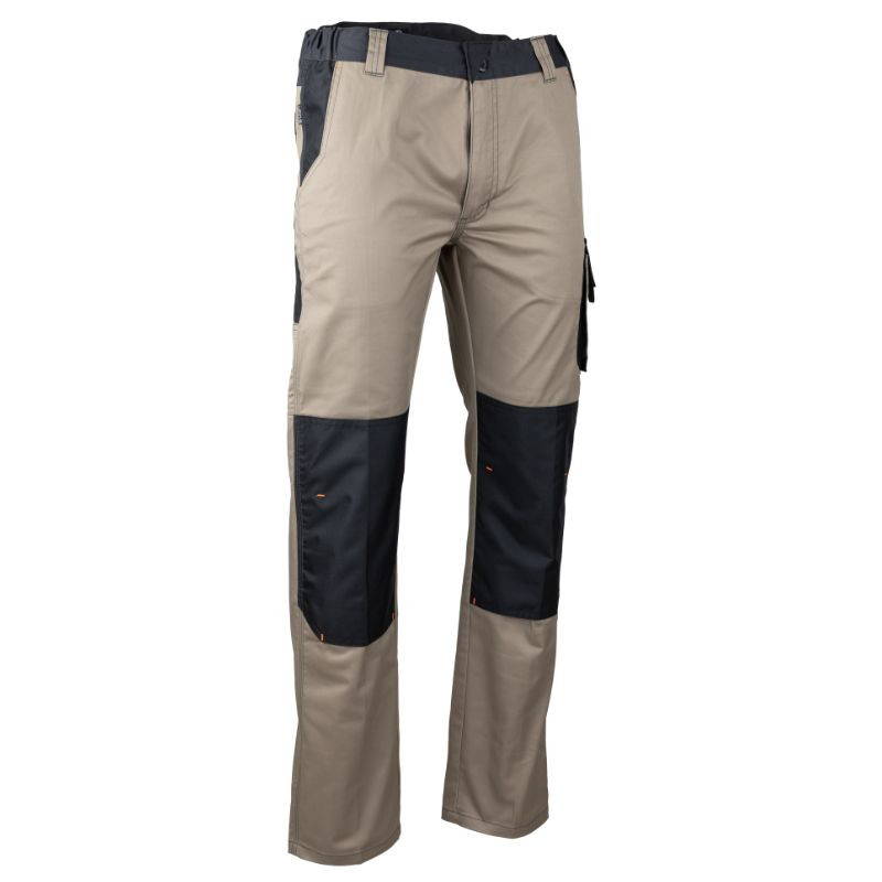 Pantalon de travail beige et noir avec patchs noirs renforcés aux genoux et sur les côtés, multiples poches et passants de ceinture, affichés sur un fond blanc.