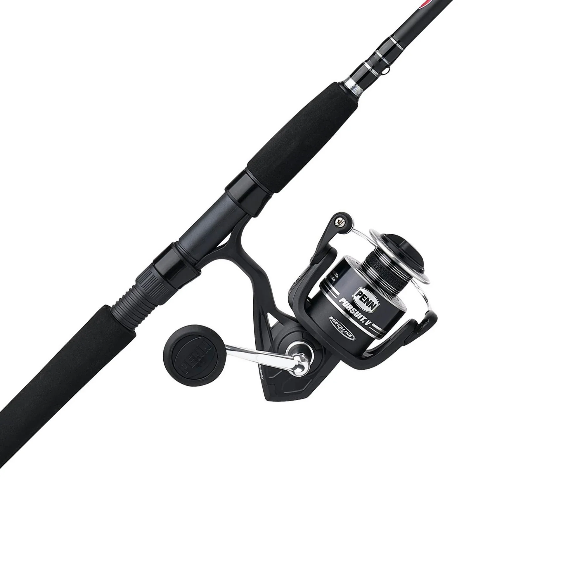 Une canne à pêche PURV5000 8FT 2PC MH CBO est représentée en diagonale sur un fond blanc. Elle présente un design noir avec des poignées en mousse et est équipée d'un moulinet à tambour argenté et noir.
