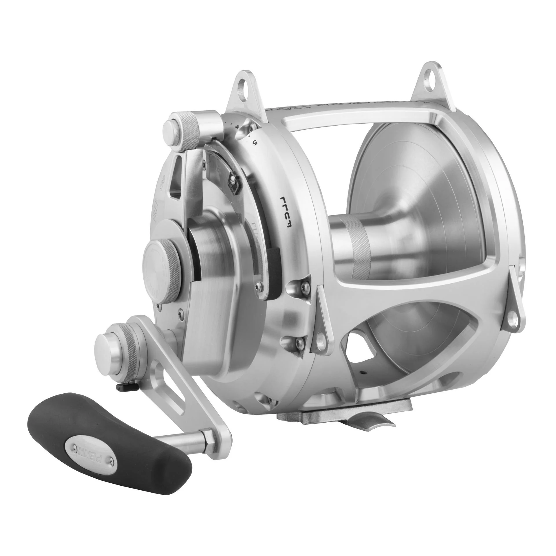 Moulinet de pêche argenté de haute qualité avec une grande bobine, un cadre métallique robuste et une poignée noire, conçu pour la pêche intensive ou la pêche en haute mer.
