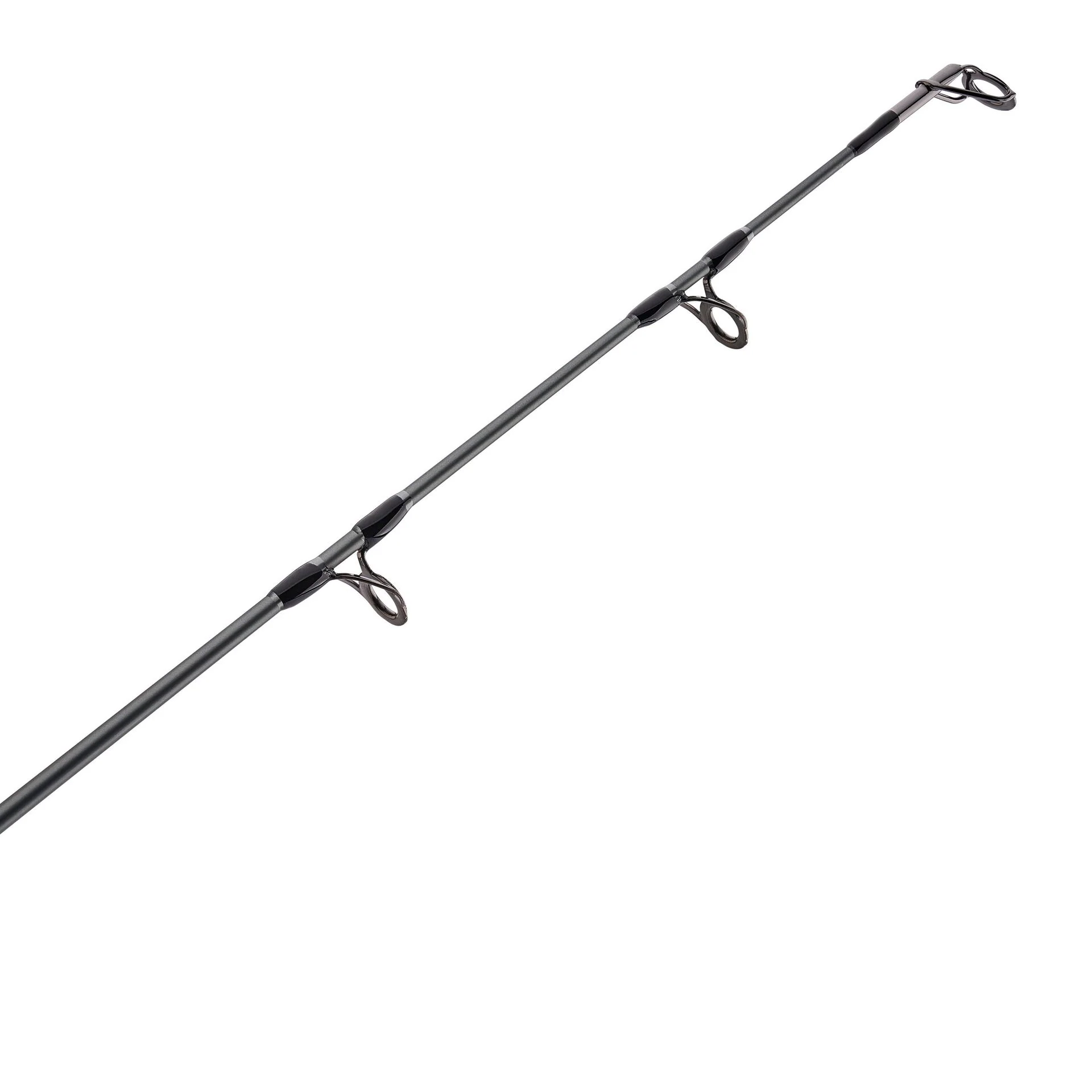 Vue rapprochée de la partie supérieure d'une canne à pêche, montrant plusieurs guides de ligne attachés à la canne sur un fond blanc.