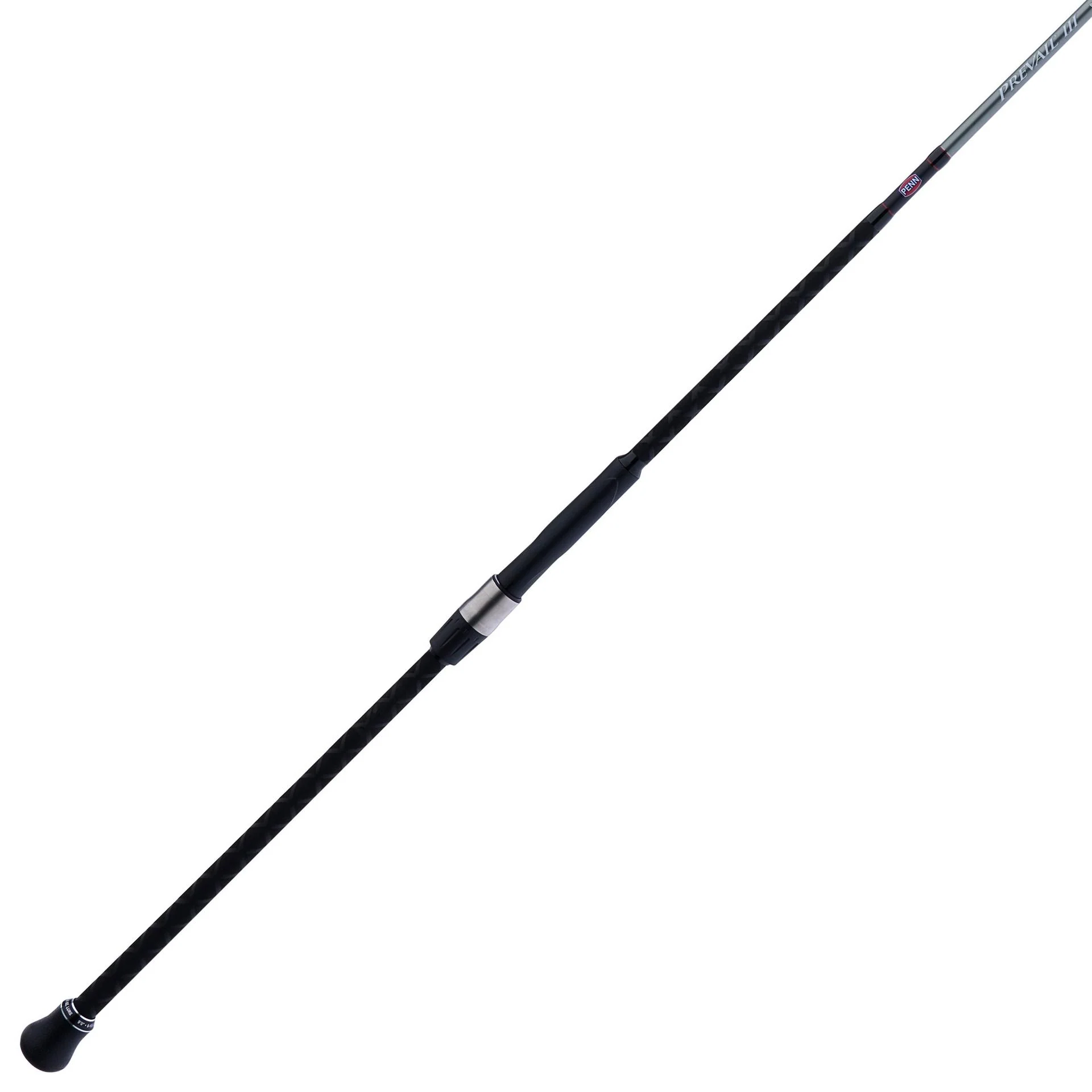 Canne à pêche noire avec porte-moulinet argenté et poignée en mousse noire, positionnée en diagonale sur un fond blanc.