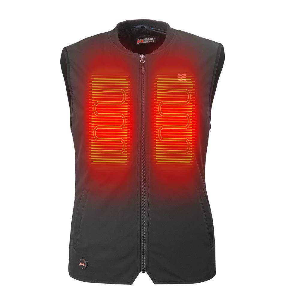 La VESTE CHAUFFANTE FIELDSHEER MOBILE WARMING PEAK UNISEXE est une veste chauffante électrique zippée noire avec des éléments chauffants rouges visibles sur la poitrine.