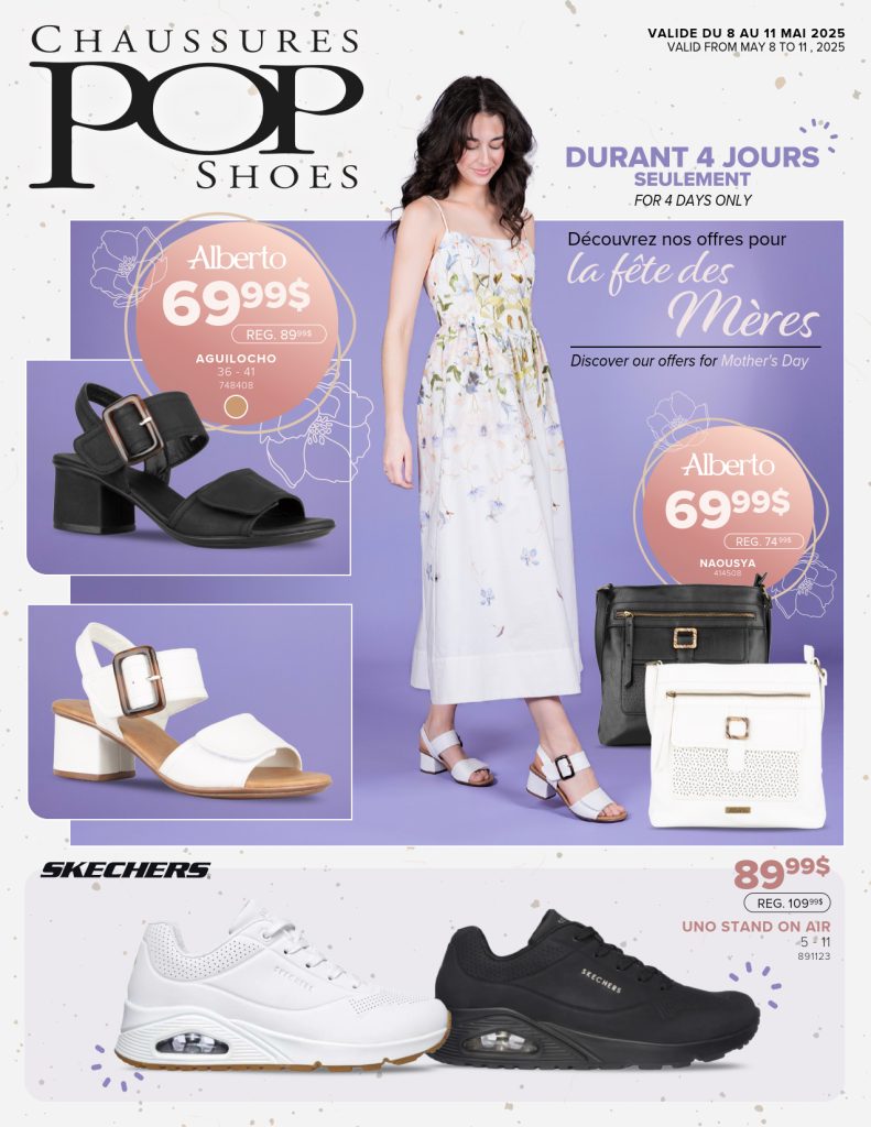 Une femme en robe fleurie porte des sandales noires. Trois modèles de chaussures pour femmes et deux sacs à main sont exposés, avec leurs prix et leurs marques : sandales et sacs Alberto, et baskets blanches Skechers. Un texte promotionnel met en avant une promotion pour la Fête des Mères.