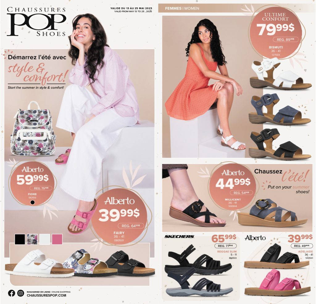 Deux femmes portent des tenues d'été et des sandales. Différentes sandales blanches, roses, noires et beiges sont présentées avec leurs prix. Un sac à dos fleuri et un texte soulignant le style et le confort de Chaussures Pop Shoes sont également présents.