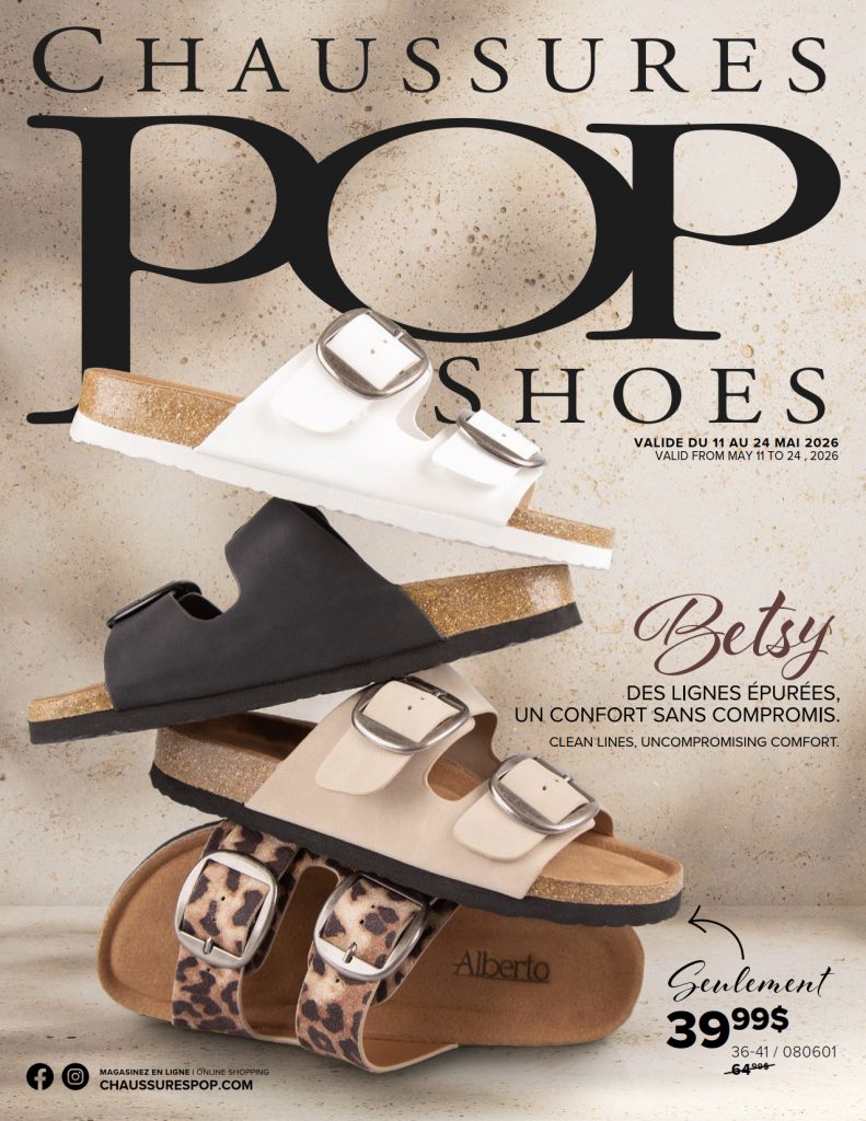 Trois paires de sandales noires, beiges et léopard avec semelles en liège et boucles sont empilées sur un fond texturé. Le texte annonce "Chaussures Pop Shoes" et un prix de vente de 39,99 $.