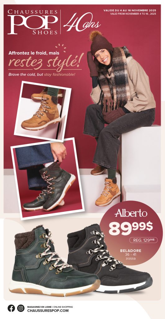 Une femme souriante en tenue d'hiver est assise sur une chaise et montre des bottes d'hiver à lacets de couleur bronze. Au-dessous d'elle, des images en gros plan de deux modèles de bottes d'hiver, l'une beige et l'autre noire, avec des prix de vente et des informations sur le magasin.