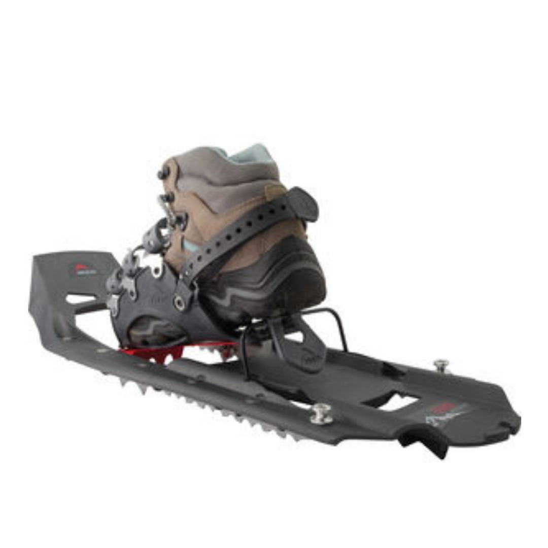 RAQUETTE À NEIGE MSR EVO ASCENT 22 vue avec une botte dans la fixation de dos