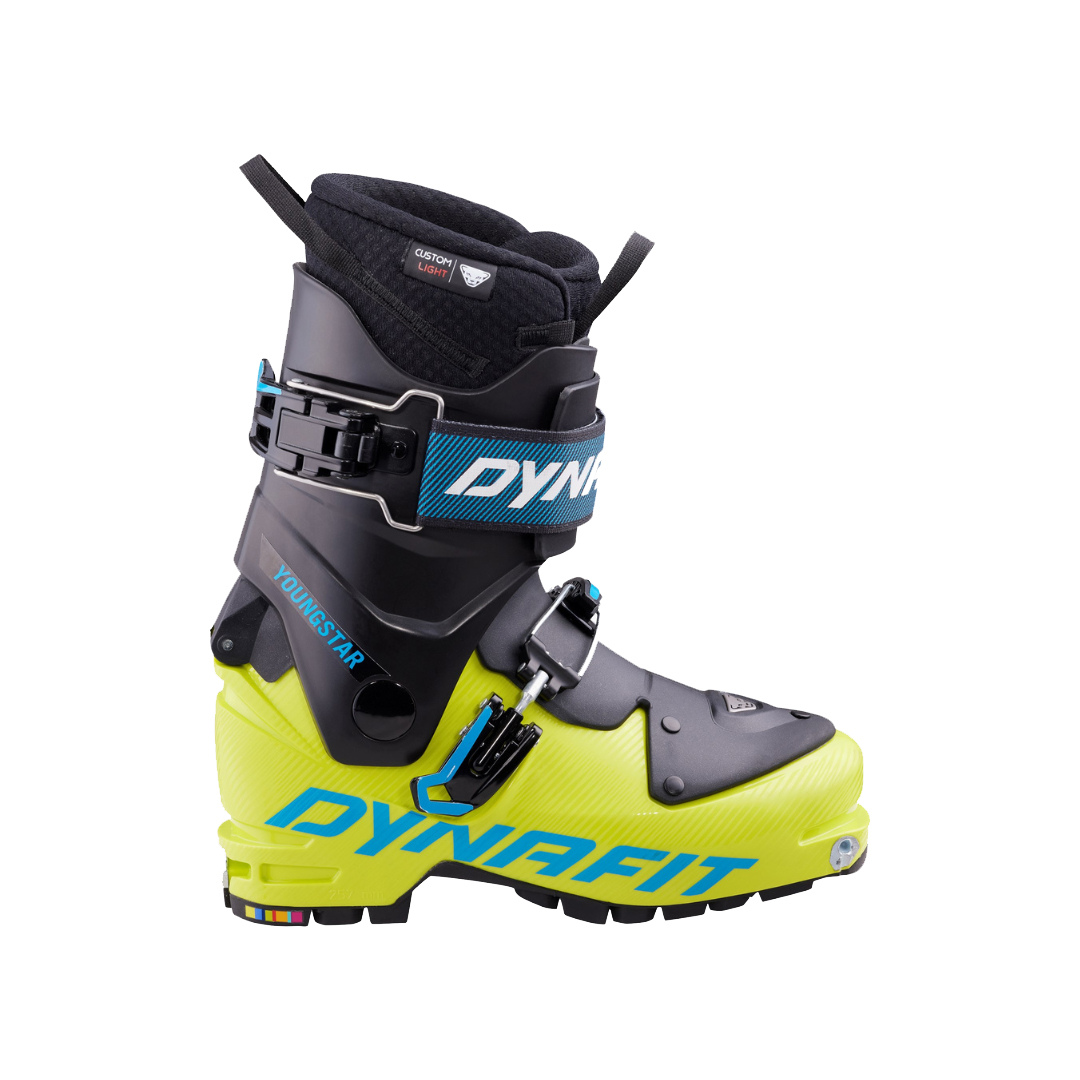 botte de ski de randonnée jaune et bleu pour junior