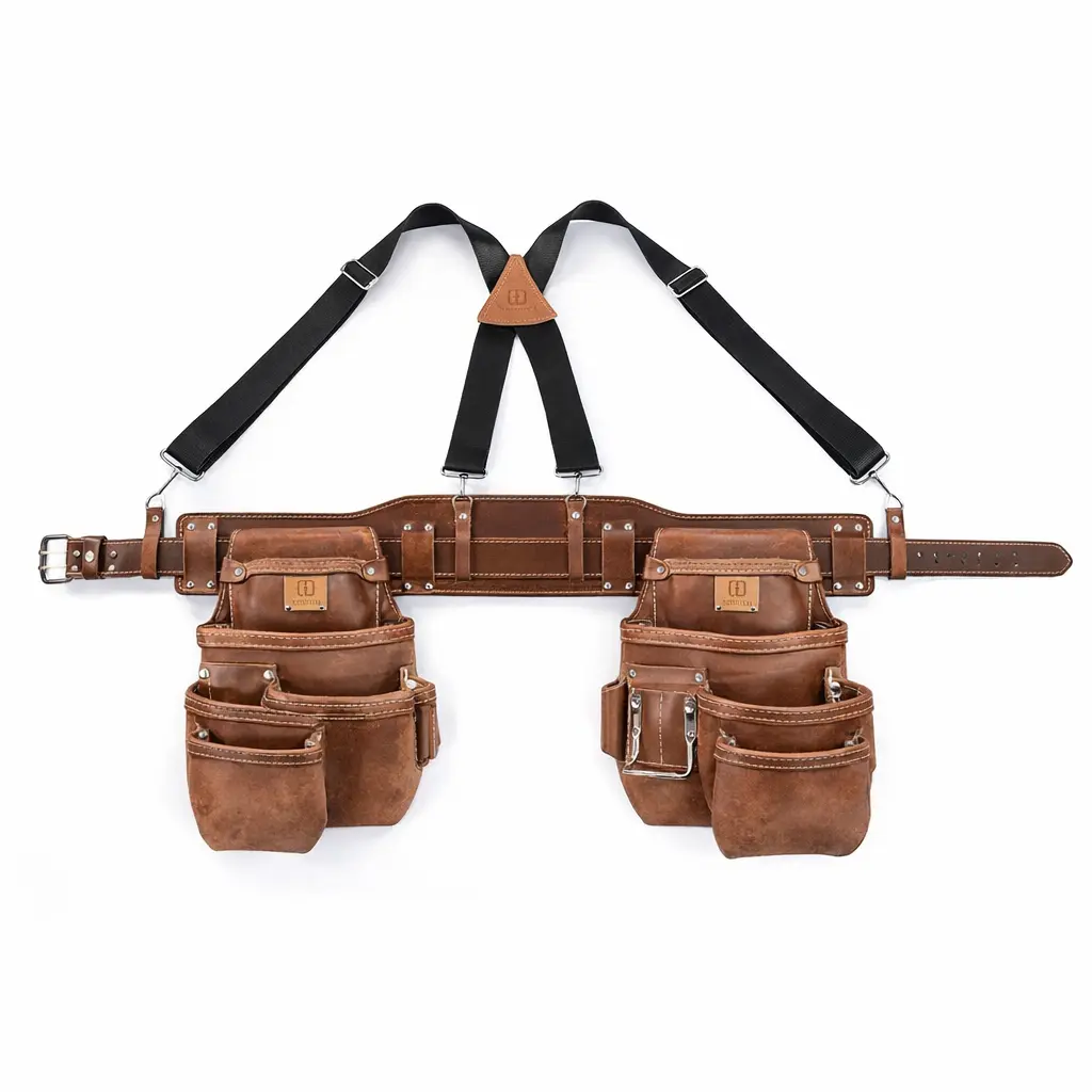 Le KIT COMPLET 2 POCHES BRETELLES ET CEINTU est une ceinture à outils en cuir marron avec deux poches, des boucles argentées et des bretelles noires réglables pour le maintien, sur fond blanc.