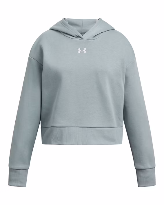 Sweat à capuche court gris clair à manches longues et capuche, orné du logo Under Armour blanc sur la poitrine. Sa coupe décontractée est dotée de poignets et d'un ourlet côtelés.