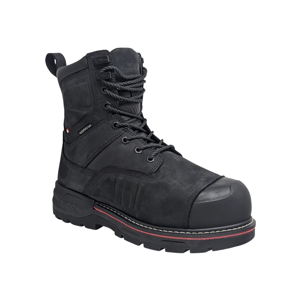 La BOTTE DE SÉCURITÉ IMPERMÉABLES NEXGRIP ICE COMMANDER CSA 600GR est une botte de travail noire durable avec une semelle épaisse, un bout renforcé, des lacets robustes et un accent rouge sur la semelle pour une protection supérieure.