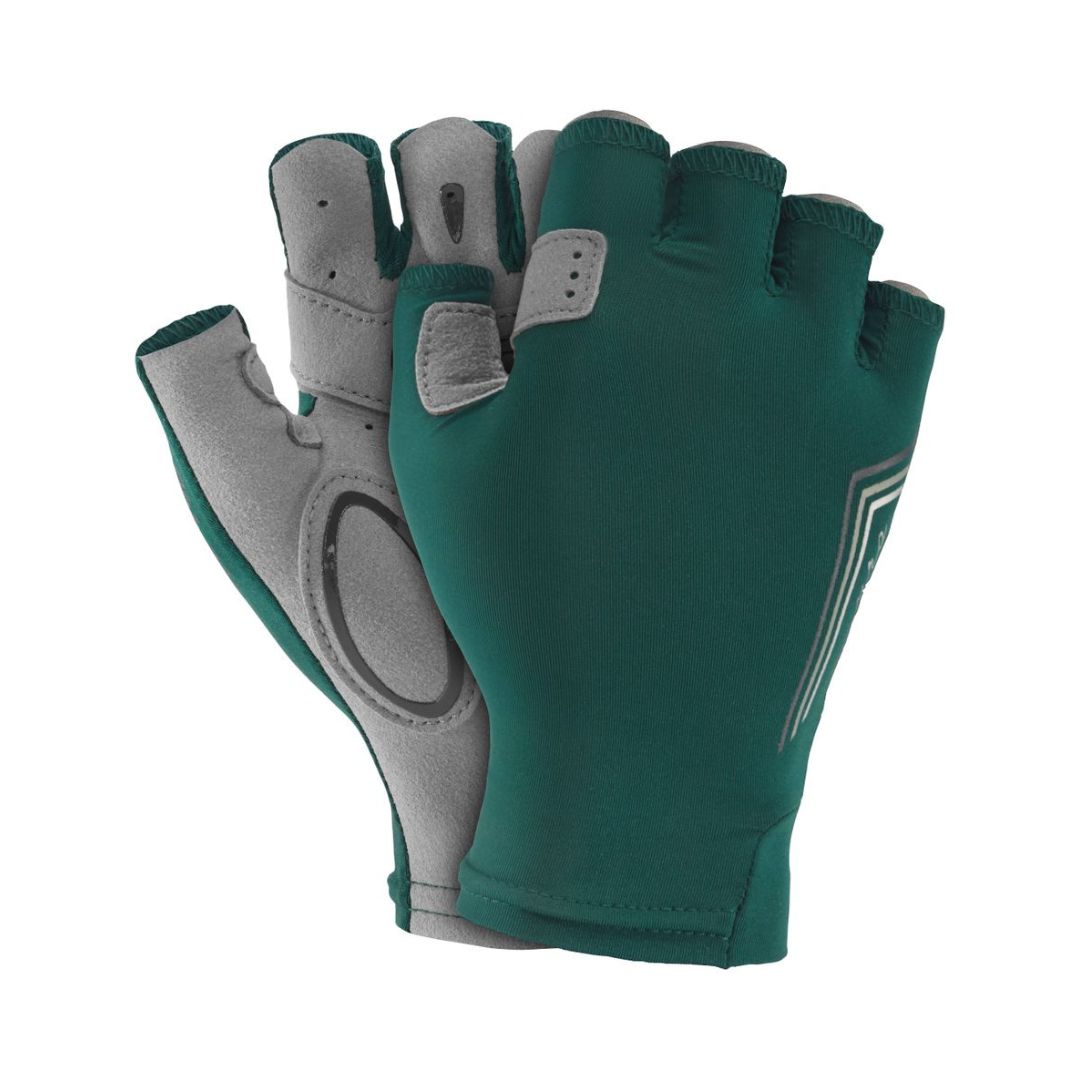 GANTS DE MARIN POUR FEMMES : Modèle sans doigts, couleur vert forêt, avec paumes grises et détails argentés.