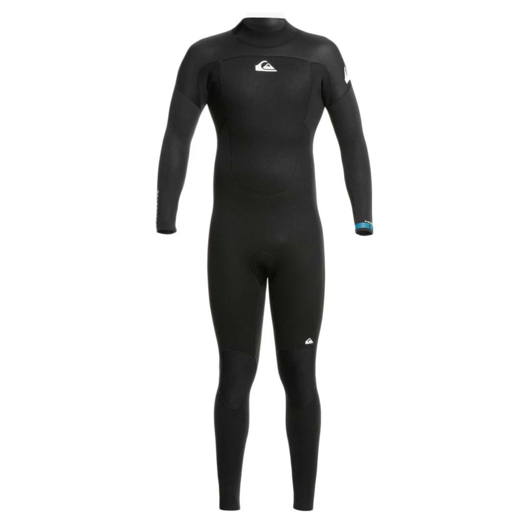 La 543 PRO SR BZ est une combinaison intégrale noire à manches longues et jambes longues, ornée d'un logo Quiksilver blanc sur la poitrine et la cuisse, sur fond blanc.