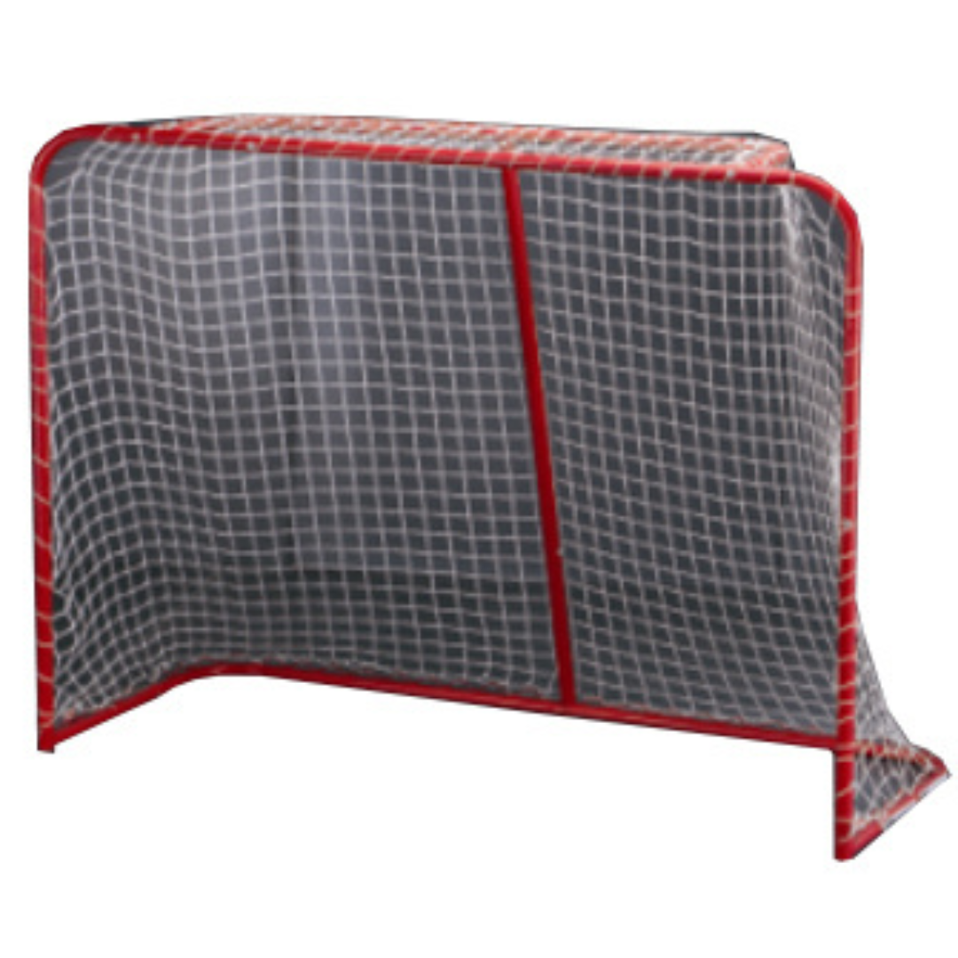 Le but de hockey BUT HOCKEY 72X4 ROUGE est un but de hockey à cadre métallique rouge avec filet blanc, de forme rectangulaire aux coins supérieurs arrondis. Le filet solidement fixé forme un motif de losange distinct sur le fond simple.