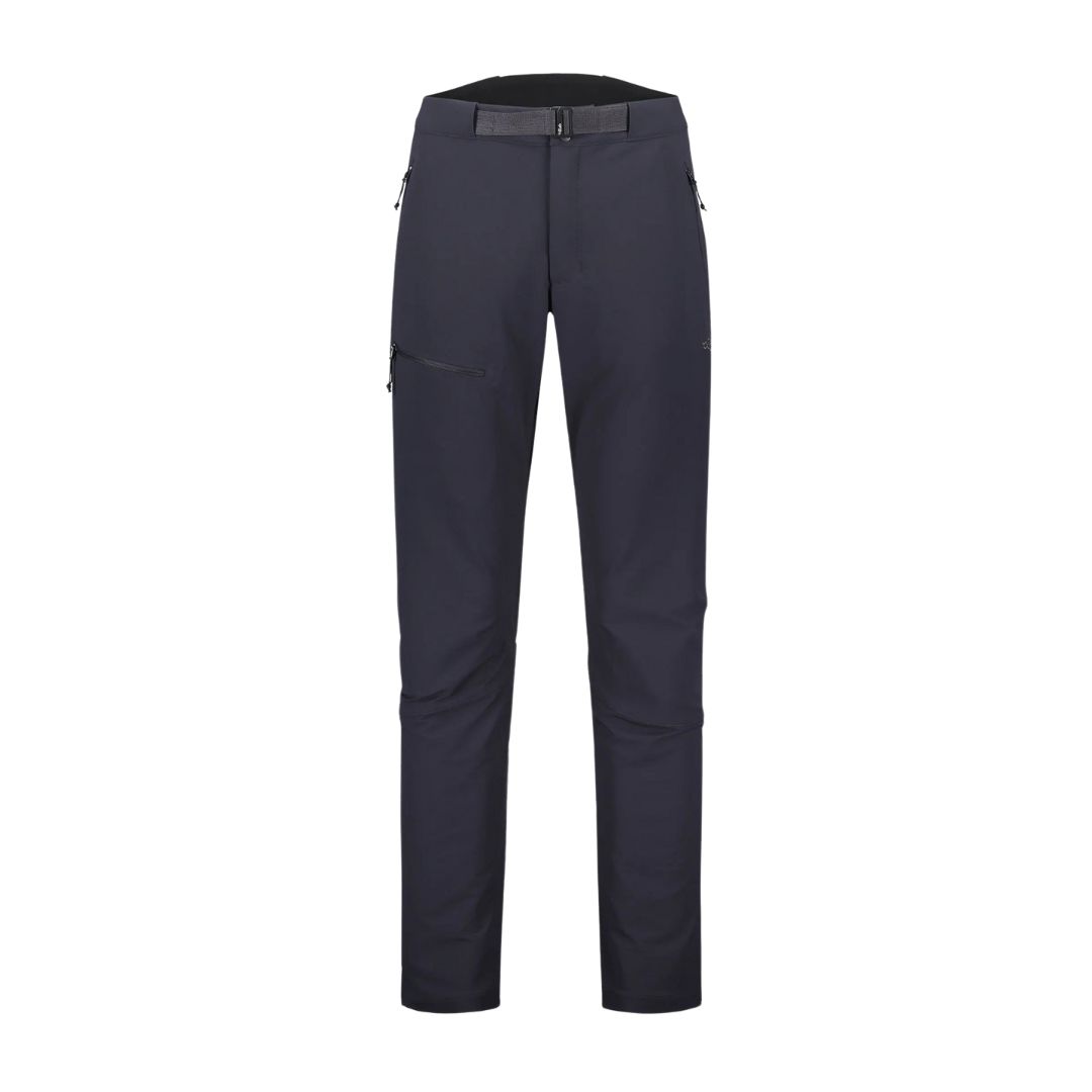 Un pantalon bleu marine foncé est présenté sur un fond blanc. Le pantalon présente une coupe slim avec plusieurs poches zippées et des passants de ceinture, conçu pour une utilisation en extérieur ou décontractée.