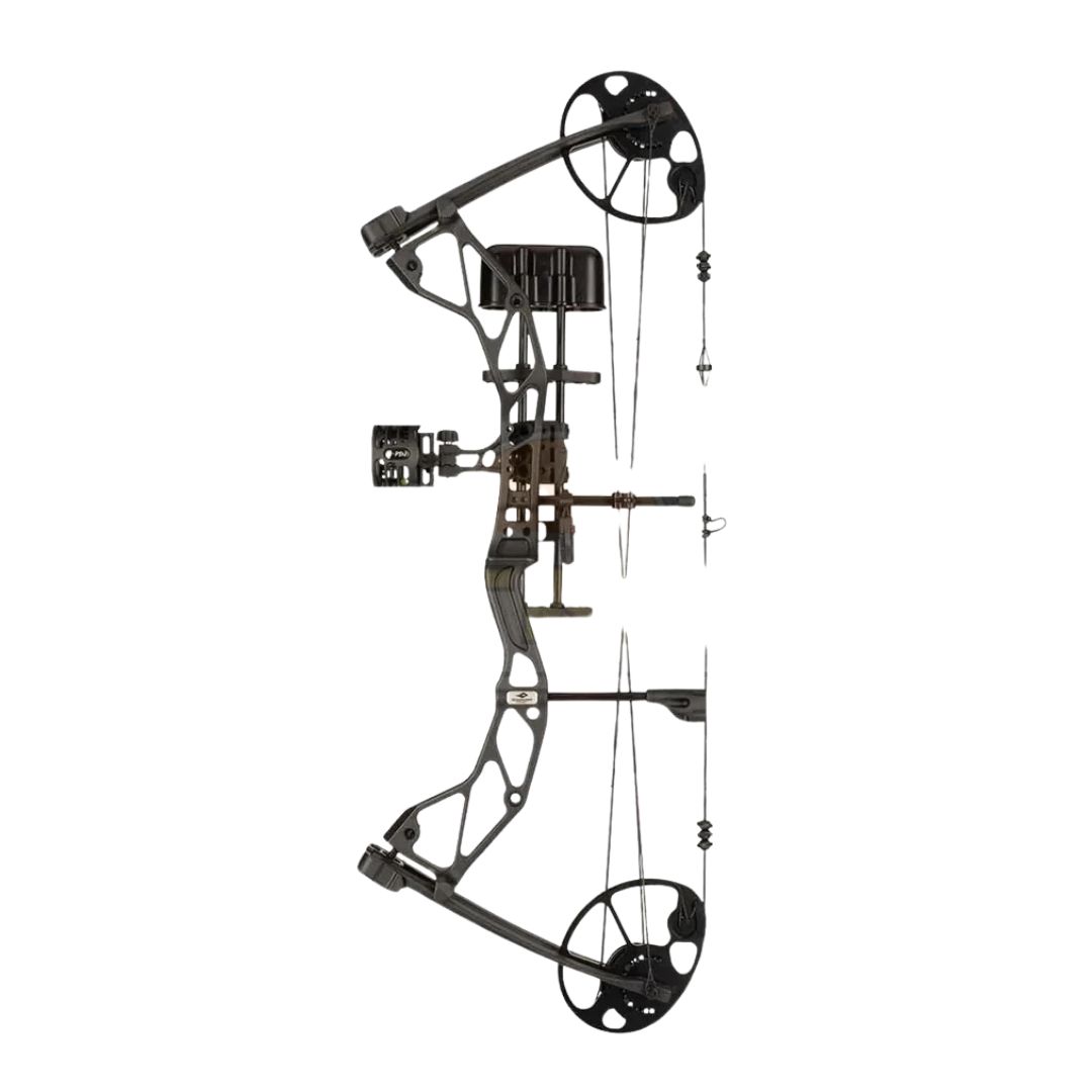 Le RADIAN RF 10-55# BLACK W/PAKG est un arc à poulies moderne de couleur noire, équipé de câbles, de poulies, d'un viseur, d'un repose-flèche et d'un stabilisateur, présenté sur un fond blanc.