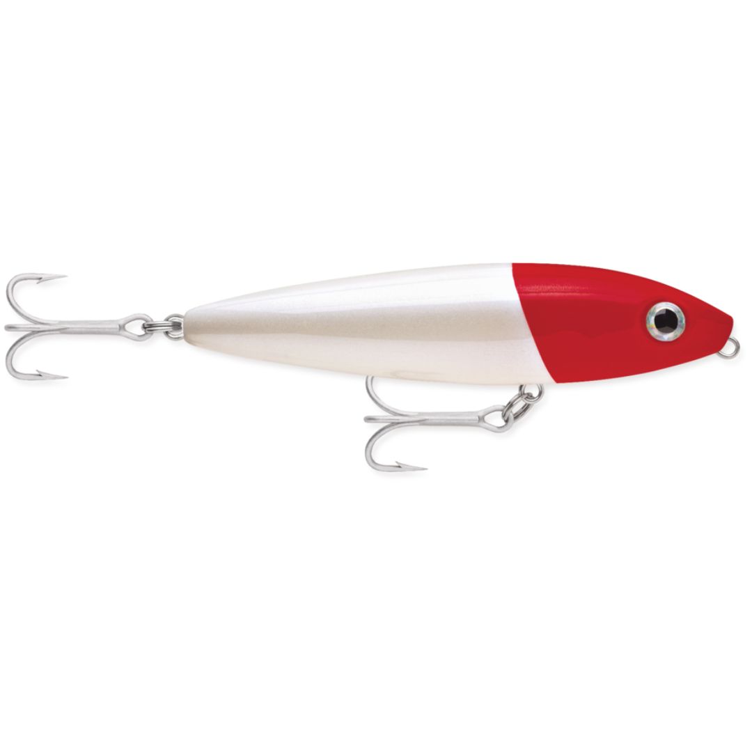 Leurre de pêche au corps blanc et à la tête rouge, muni de deux hameçons triples et d'un œil noir et blanc à l'avant.