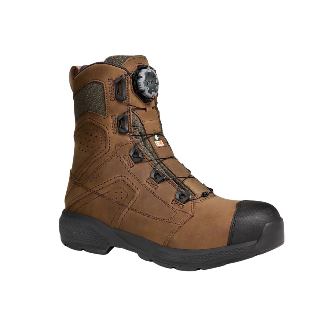Bottes de travail imperméables marron « BOTTE DE TRAVAIL WATERPROOF RED WING SHOES EXOS LITE MENS’ 8″ CSA POUR HOMME » dotées d’un système de laçage BOA, d’un embout de protection et d’une semelle crantée noire.