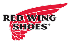 Logo de Red Wing Shoes représentant une aile rouge stylisée au-dessus du nom de la marque, écrit en lettres blanches.