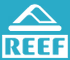 Logo géométrique blanc en forme de montagne au-dessus du mot "REEF" en lettres blanches grasses, le tout sur fond turquoise.