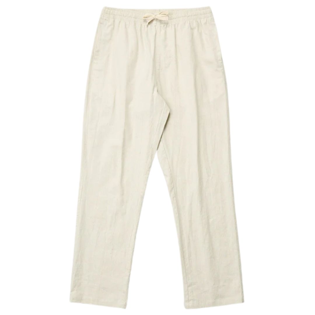 Le PANTALON DÉCONTRACTÉ EN LIN RHYTHM est un pantalon à jambe droite de couleur beige clair, avec une taille élastique et un cordon de serrage, présenté à plat sur un fond blanc.