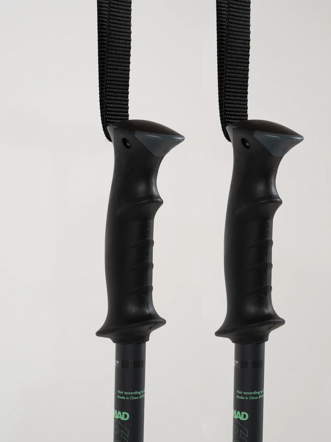 Deux bâtons de randonnée noirs avec poignées ergonomiques et sangles réglables sont présentés sur un fond blanc uni.