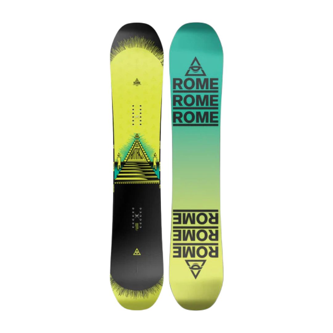 Deux snowboards ARTIFACT : l'un présente un motif géométrique jaune et noir avec des escaliers et des lumières ; l'autre affiche "ROME" en lettres grasses sur un dégradé vert et jaune.